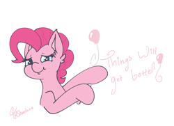 Size: 4400x3185 | Tagged: safe, artist:tkshoelace, pinkie pie, earth pony, pony, g4, balloon, crayon, ear fluff, eyelashes, holding, looking at you, simple background, smiling, solo, text, white background