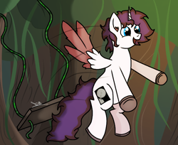 Size: 1232x1004 | Tagged: safe, artist:thomas.senko, oc, oc:soft light, alicorn, blue eyes, commission, forest, happy, jungle, lianas, light skin, male, nature, smiling, spread wings, stallion, sunlight, swing, tree, wings, ych result