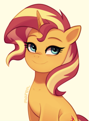 Size: 2437x3317 | Tagged: safe, artist:maren, sunset shimmer, pony, unicorn, rainbow rocks 10th anniversary, g4, eyelashes, female, high res, horn, looking at you, mare, simple background, sitting, smiling, solo