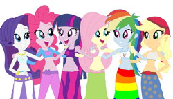 Size: 1022x583 | Tagged: safe, artist:jacob-van-antwerp, applejack, fluttershy, pinkie pie, rainbow dash, rarity, twilight sparkle, human, equestria girls, g4, base used, belly, belly button, belly dance, belly dancer, belly dancer outfit, female, harem, harem outfit, humane five, humane six, simple background, white background