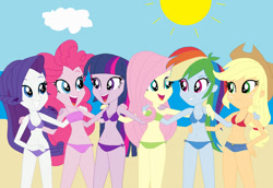 Size: 827x568 | Tagged: safe, artist:jacob-van-antwerp, applejack, fluttershy, pinkie pie, rainbow dash, rarity, twilight sparkle, human, equestria girls, g4, base, base used, beach, bikini, clothes, humane five, humane six, swimsuit