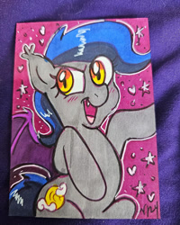 Size: 640x800 | Tagged: source needed, useless source url, safe, artist:marybellamy, oc, oc:echo, bat pony, commission, markers, sketchcard, solo, traditional art