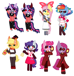 Size: 652x668 | Tagged: source needed, safe, artist:hoalyden, applejack, fluttershy, pinkie pie, rainbow dash, rarity, twilight sparkle, alicorn, earth pony, pegasus, pony, unicorn, g4, alastor, alcohol, angel dust (hazbin hotel), bottle, charlie morningstar, clothes, cosplay, costume, devil horns, drink, hat, hazbin hotel, hellaverse, horn, horns, husk (hazbin hotel), mane six, mop, niffty, pinkamena diane pie, simple background, top hat, twilight sparkle (alicorn), vaggie, white background