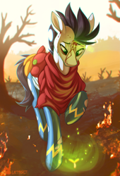 Size: 2035x3000 | Tagged: safe, artist:dripponi, artist:lattynskit, big macintosh, soarin', g4, blood, burnt, clothes, crying, destruction, fanart, fire, outdoors, sad, teary eyes, uniform, wonderbolts, wonderbolts uniform