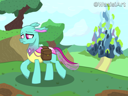 Size: 6000x4500 | Tagged: safe, artist:alejandrogmj, artist:wasisi, spiracle, changedling, changeling, g4, bad end, bag, changeling hive, outdoors, raised hoof, sad, sad ending, saddle bag, solo, spanish description, story included, teary eyes, the implications are horrible, unfortunate implications