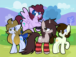 Size: 3947x2960 | Tagged: safe, artist:outlawquadrant, artist:saveraedae, oc, oc only, oc:benjamane hoofington, oc:jonatrot hoofington, oc:kenning prance, oc:markey malarkey, earth pony, pegasus, unicorn, blue fur, bow, clothes, crossover, gradient mane, green fur, grey fur, group photo, horn, leg warmers, outdoors, ponified, purple fur, ribbon, tail, tail bow, the mark side, wristband