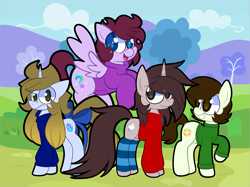 Size: 3947x2960 | Tagged: safe, artist:outlawquadrant, artist:saveraedae, oc, oc only, oc:benjamane hoofington, oc:jonatrot hoofington, oc:kenning prance, oc:markey malarkey, earth pony, pegasus, pony, unicorn, blue fur, bow, clothes, crossover, gradient mane, green fur, grey fur, group photo, hoodie, horn, leg warmers, long sleeved shirt, long sleeves, male, outdoors, ponified, purple fur, shirt, sweater, tail, tail bow, the mark side