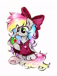 Size: 1536x2048 | Tagged: safe, artist:liaaqila, oc, oc only, oc:blazey sketch, pegasus, pony, apple juice, bow, clothes, green eyes, grey fur, hair bow, juice, long mane, long tail, pegasus oc, simple background, solo, sweater, tail, traditional art, white background