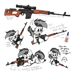 Size: 1000x1000 | Tagged: safe, artist:morningbullet, oc, oc only, oc:noot, earth pony, pony, dialogue, dragunov, earth pony oc, glue, gun, rifle, sniper rifle, solo, svd, weapon