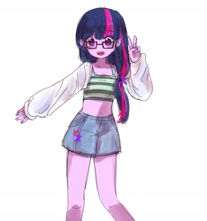 Size: 1709x1827 | Tagged: safe, artist:dusknebula, twilight sparkle, human, equestria girls, g4, belly, belly button, clothes, cute, denim, denim shorts, female, glasses, looking at you, midriff, open mouth, peace sign, shorts, simple background, smiling, solo, sports bra, twiabetes, white background