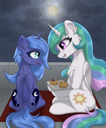 Size: 1200x1451 | Tagged: safe, artist:門久, princess celestia, princess luna, alicorn, pony, g4, chest fluff, cloud, duo, duo female, ear fluff, female, food, mare, mid-autumn festival, moon, mooncake, s1 luna, siblings, sisters