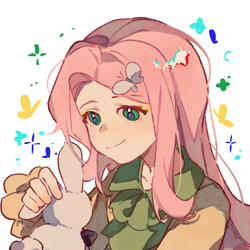 Size: 1000x1000 | Tagged: safe, artist:wumingshi61160, angel bunny, fluttershy, human, rabbit, g4, animal, anime style, bust, duo, green eyes, humanized, looking at each other, looking at someone, pink hair, smiling