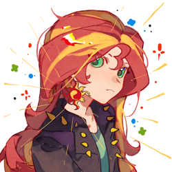 Size: 1000x1000 | Tagged: safe, artist:wumingshi61160, sunset shimmer, human, g4, anime style, bust, clothes, humanized, jacket, simple background, solo, sunset shimmer is not amused, two toned hair, unamused, white background