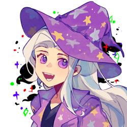 Size: 1000x1000 | Tagged: safe, artist:wumingshi61160, trixie, human, g4, anime style, bust, clothes, female, hat, humanized, open mouth, open smile, purple eyes, smiling, solo, sparkles, trixie's hat, white hair