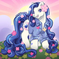 Size: 2400x2400 | Tagged: safe, artist:sparkytopia, sweet september, earth pony, pony, g3, blue eyes, blue mane, clothes, denim, denim jacket, female, flower, flower in hair, jacket, jewel birthday ponies, mare, open mouth, open smile, outdoors, signature, smiling, solo, sunset, white coat