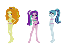 Size: 1172x782 | Tagged: safe, artist:jacob-van-antwerp, adagio dazzle, aria blaze, sonata dusk, human, equestria girls, g4, base used, belly, belly button, bikini, clothes, female, simple background, swimsuit, trio, trio female, white background