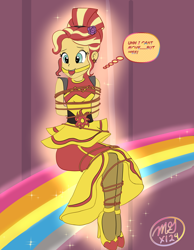 Size: 3500x4500 | Tagged: safe, artist:cpuknightx1, part of a set, sunset shimmer, human, equestria girls, equestria girls specials, g4, my little pony equestria girls: dance magic, ballgag, bondage, bound and gagged, clothes, ear piercing, earring, femsub, flamenco dress, gag, high heels, jewelry, pantyhose, piercing, rope, shoes, solo, speech bubble, submissive, subset, sunset shimmer flamenco dress, thought bubble, tied up