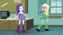 Size: 1280x720 | Tagged: safe, screencap, rarity, spike, twilight sparkle, dog, human, equestria girls, g4, my little pony equestria girls, backpack, belt, boots, bracelet, clothes, computer, disguise, indoors, jewelry, shirt, shoes, skirt, spike the dog, trio, twilight strong