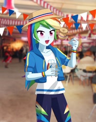 Size: 963x1225 | Tagged: safe, artist:riouku, rainbow dash, human, equestria girls, g4, 2d, anime style, blushing, chile, clothes, cutie mark on clothes, female, flag, irl, irl human, jacket, multicolored hair, open mouth, open smile, outdoors, pants, photo, rainbow hair, ramadas, real life background, shirt, smiling, solo, thunderbolt, trompo, wristband