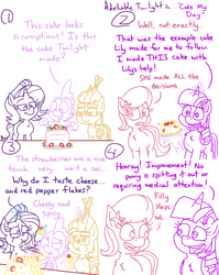 Size: 4779x6013 | Tagged: safe, artist:adorkabletwilightandfriends, lily, lily valley, moondancer, spike, starlight glimmer, twilight sparkle, alicorn, comic:adorkable twilight and friends, g4, adorkable, adorkable twilight, cake, cheek bulge, cheese, comic, concerned, cute, dork, eating, food, friendship, funny, happy, humor, kitchen, magic, melted, messy, messy eating, pepper, slice of life, smiling, strawberry, table, twilight sparkle (alicorn)