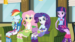 Size: 1280x720 | Tagged: safe, screencap, fluttershy, rainbow dash, rarity, spike, twilight sparkle, dog, human, equestria girls, g4, my little pony equestria girls, belt, boots, clothes, couch, drink, drinking, food, group, indoors, milkshake, polka dot socks, quintet, rainbow socks, shirt, shoes, skirt, socks, spike the dog, striped socks, tank top, tea