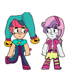 Size: 828x828 | Tagged: safe, artist:chesteranderson, sweetie belle, human, equestria girls, g4, brawl stars, brawler, chester, chester (brawl stars), clothes, crossover, duo, duo male and female, female, hat, jester, jester hat, male, shipping, simple background, supercell, white background