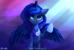 Size: 2400x1621 | Tagged: safe, artist:行豹cheetahspeed, princess luna, alicorn, pony, series:paint a picture about life, g4, crown, cute, green eyes, hoof shoes, horn, looking at you, moonlight, night, peaceful, peytral, princess shoes, raised hoof, solo, spread wings, wings