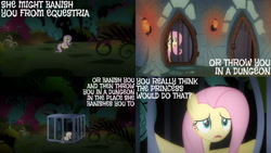 Size: 1280x720 | Tagged: safe, edit, edited screencap, editor:quoterific, screencap, fluttershy, pegasus, pony, a bird in the hoof, g4, season 1, dialogue, dungeon, everfree forest, female, mare