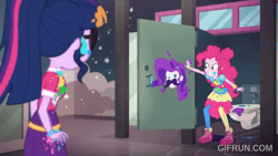 Size: 520x293 | Tagged: safe, screencap, pinkie pie, rarity, sci-twi, twilight sparkle, human, equestria girls, equestria girls specials, g4, my little pony equestria girls: sunset's backstage pass, animated, bathroom, duo, duo female, facial hair, female, gif, gifrun.com, graffiti, indoors, mare, moustache, music festival outfit, toilet