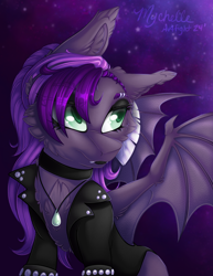 Size: 1024x1326 | Tagged: safe, artist:mychelle, oc, oc only, oc:pandora mojo, bat pony, pony, clothes, female, jacket, leather, leather jacket, mare, night, solo