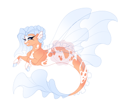 Size: 4400x3800 | Tagged: safe, artist:gigason, oc, oc only, oc:calico, seapony (g4), absurd resolution, adoptable, appaloosa, blue eyes, blue hooves, blue pupils, coat markings, colored, colored hooves, colored pinnae, colored pupils, eye markings, eyelashes, female, female oc, fin wings, fins, flat colors, flowing mane, flowing tail, gradient ears, gradient eyes, gradient mane, gradient tail, hooves, lidded eyes, long eyelashes, long tail, looking back, obtrusive watermark, orange body, shiny hooves, simple background, smiling, socks (coat markings), solo, tail, tail markings, thin legs, three quarter view, transparent background, transparent wings, two toned body, two toned coat, watermark, wings