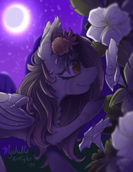 Size: 900x1165 | Tagged: safe, artist:mychelle, oc, oc only, oc:phantom petals, bat pony, pony, female, flower, flower in hair, mare, moon, night, outdoors, solo