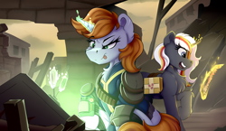 Size: 4850x2820 | Tagged: safe, artist:singovih, oc, oc only, oc:littlepip, oc:velvet remedy, pony, unicorn, fallout equestria, armor, bag, clothes, female, frown, horn, jumpsuit, lockpicking, magic, mare, medical saddlebag, pipbuck, ruins, sky, telekinesis, vault suit, wasteland