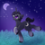 Size: 2000x2000 | Tagged: safe, artist:leopardsnaps, oc, oc only, oc:crystal nightshine, pony, unicorn, :d, blaze (coat marking), coat markings, crescent moon, facial markings, gradient legs, grass, horn, looking at something, male, moon, open mouth, open smile, outdoors, raised hoof, running, smiling, solo, stallion, stars, unicorn oc, unshorn fetlocks