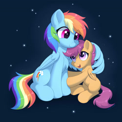 Size: 3800x3800 | Tagged: safe, artist:mercurysparkle, rainbow dash, scootaloo, pegasus, pony, g4, backwards cutie mark, blank flank, chest fluff, cute, cutealoo, dashabetes, duo, duo female, ear fluff, eye clipping through hair, female, filly, foal, folded wings, hug, mare, one wing out, scootalove, sibling love, siblings, signature, sisterly love, sisters, smiling, starry background, wing fluff, winghug, wings