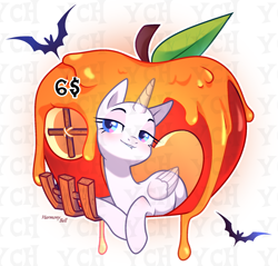 Size: 1910x1828 | Tagged: safe, oc, bat, pony, apple, art, base, food, halloween, holiday, pumpkin, smiling, smirk, solo, your character here