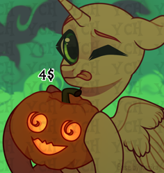 Size: 2304x2436 | Tagged: safe, oc, oc only, alicorn, pony, base, green background, halloween, holiday, jack-o-lantern, one eye closed, pumpkin, smiling, smirk, solo, tongue out, your character here