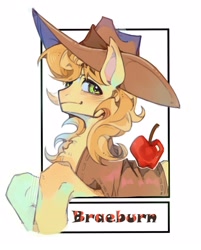 Size: 2295x2858 | Tagged: safe, artist:t4cdd, braeburn, earth pony, pony, g4, apple, blushing, chest fluff, clothes, colored pinnae, cowboy hat, food, frame, hat, jacket, looking at you, male, simple background, solo, stallion, text, white background