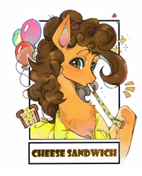 Size: 2295x2858 | Tagged: safe, artist:t4cdd, cheese sandwich, earth pony, pony, g4, balloon, bust, chest fluff, emanata, frame, looking at you, male, party horn, simple background, solo, stallion, text, white background