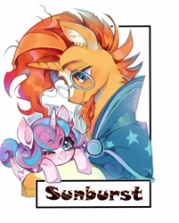 Size: 2295x2858 | Tagged: safe, artist:t4cdd, princess flurry heart, sunburst, alicorn, pony, unicorn, g4, bust, duo, duo male and female, female, filly, foal, frame, glasses, horn, male, simple background, solo, stallion, uncle sunburst, white background