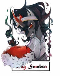 Size: 2339x2946 | Tagged: safe, artist:t4cdd, king sombra, pony, umbrum, unicorn, g4, armor, clothes, coat, curved horn, fangs, frame, horn, jewelry, male, regalia, simple background, solo, stallion, text, white background