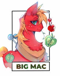 Size: 2339x2946 | Tagged: safe, artist:t4cdd, big macintosh, earth pony, pony, g4, apple, food, frame, looking at you, male, simple background, smiling, solo, stallion, straw in mouth, white background, yoke