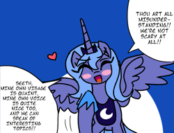 Size: 1173x900 | Tagged: safe, artist:goatpirate, edit, editor:anonymous, princess luna, alicorn, pony, g4, /mlp/, blue background, blushing, colored, comic, cute, dialogue, drawthread, eyes closed, female, fixed, flat colors, heart, hoof shoes, luna's crown, mare, one-panel comic, open mouth, open smile, peytral, pointing at self, ponerpics import, ponified, ponified manga, princess shoes, requested art, s1 luna, simple background, smiling, solo, speech bubble, spread wings, talking to viewer, text, wings