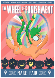 Size: 3000x4242 | Tagged: safe, artist:moonatik, oc, oc only, oc:morning mimosa, earth pony, mare fair, braces, earth pony oc, female, glasses, mare, poster, promotional art, sillhouette, wheel