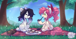 Size: 2048x1069 | Tagged: safe, artist:cuiicie, oc, oc:elon, oc:strawberry splash, goat, pegasus, bag, eye clipping through hair, food, mouth hold, outdoors, paintbrush, pet rock, picnic, plate, sandwich, smiling, tree, watermark