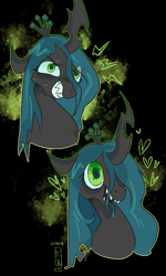 Size: 600x1000 | Tagged: safe, artist:sickbelle, queen chrysalis, changeling, changeling queen, g4, evil smile, gritted teeth, hair over one eye, open mouth, smiling, solo, teeth, tongue out