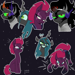 Size: 1400x1400 | Tagged: safe, artist:sickbelle, king sombra, queen chrysalis, tempest shadow, pony, unicorn, g4, evil smile, gritted teeth, hoof shoes, horn, looking at you, question mark, smiling, teeth