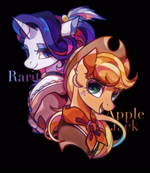 Size: 1882x2160 | Tagged: safe, artist:tkotu434, applejack, rarity, earth pony, pony, unicorn, g4, alternate hairstyle, ascot, black background, clothes, dress, duo, duo female, female, horn, lidded eyes, looking at you, name, open mouth, open smile, simple background, smiling, smiling at you