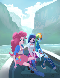 Size: 1275x1650 | Tagged: safe, artist:fabiancobos, pinkie pie, rainbow dash, twilight sparkle, human, equestria girls, g4, boat, boots, cliff, clothes, female, high heel boots, jacket, looking at you, outdoors, shirt, shoes, sitting, skirt, smiling, smiling at you, socks, trio, trio female, vest, water