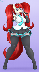 Size: 2940x5400 | Tagged: safe, artist:an-tonio, oc, oc only, oc:silver draw, unicorn, anthro, clothes, cosplay, costume, hatsune miku, horn, looking at you, microphone, pointing, skirt, socks, solo, stockings, thigh highs, vocaloid